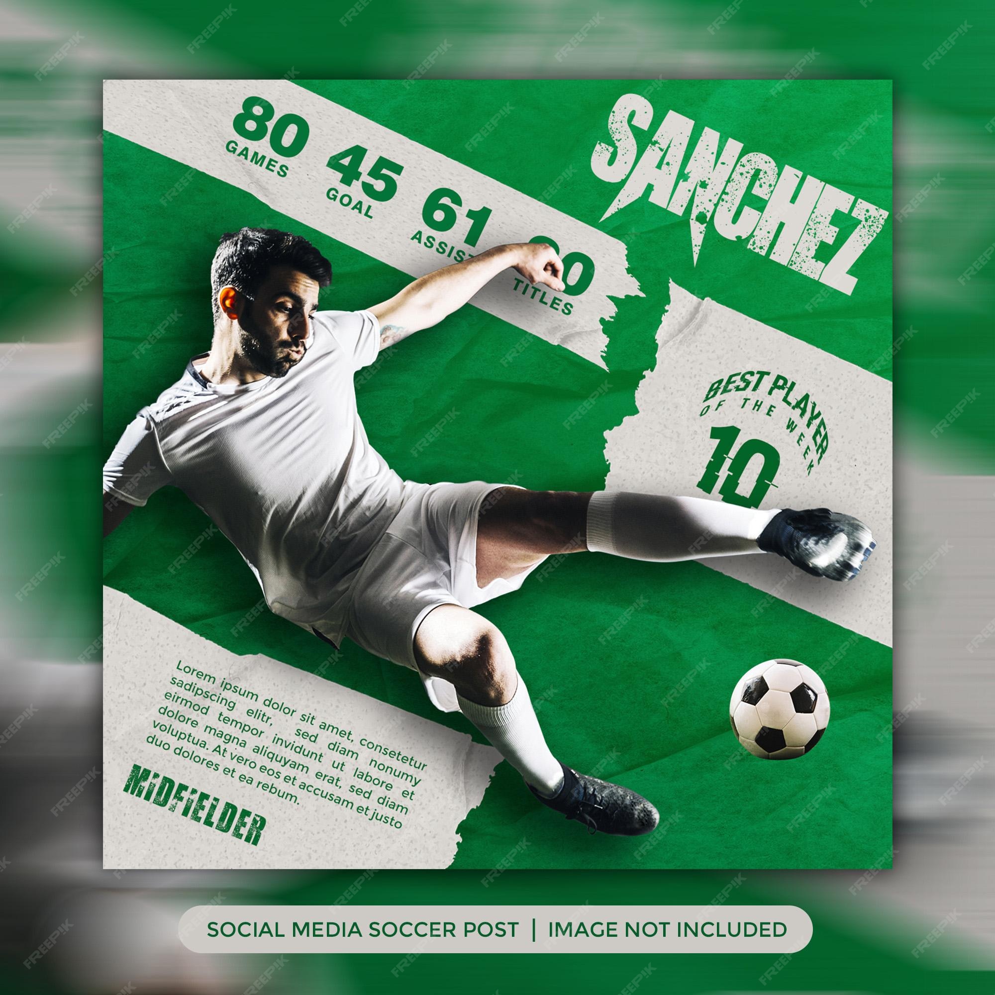 Mejor jugador de fútbol publicación en redes sociales o banner web diseño plantilla de fútbol fondo verde | Archivo PSD