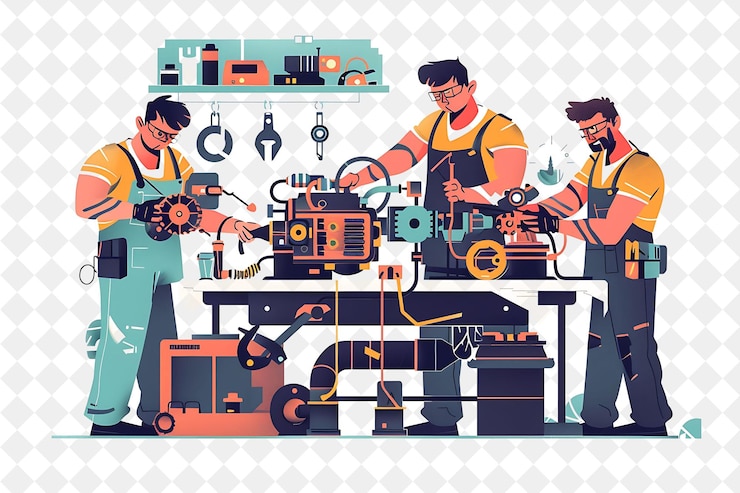 PSD mekanik industri dengan karakter memperbaiki mesin dan orang png weldi dalam ilustrasi pekerjaan sehari-hari