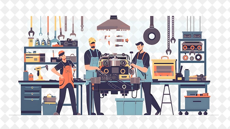 PSD mekanik industri dengan karakter memperbaiki mesin dan orang png weldi dalam ilustrasi pekerjaan sehari-hari