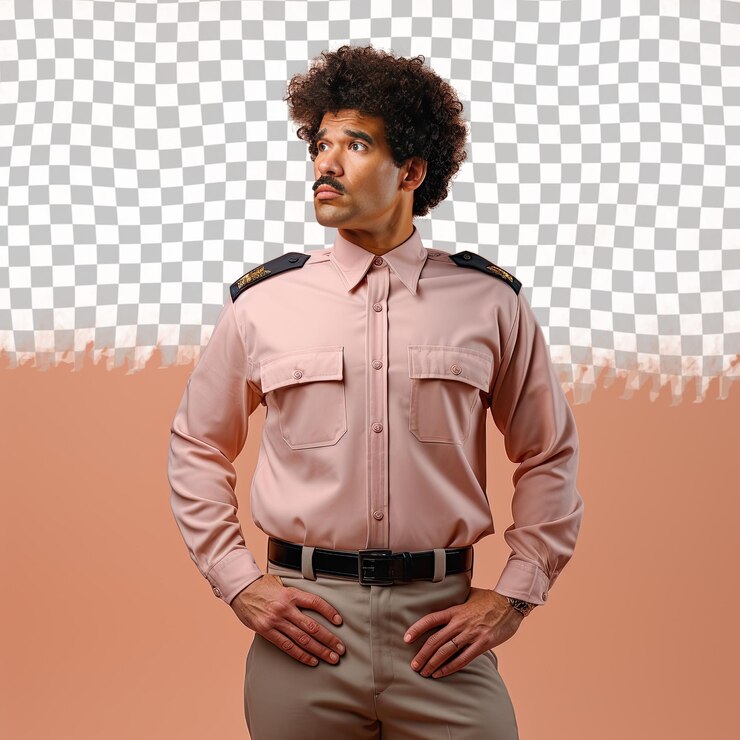 PSD melancólico afro curly cop relaxado pose em pêssego pastel