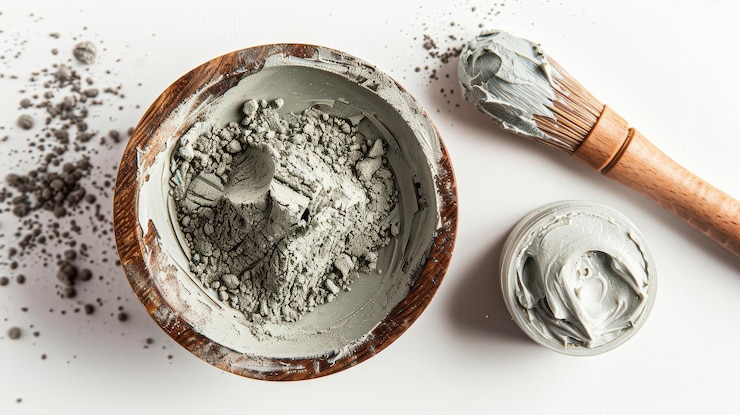 PSD un mélange d'argile et des outils pour fabriquer de la poterie exposés sur une surface blanche avec de la poudre dispersée et un pinceau