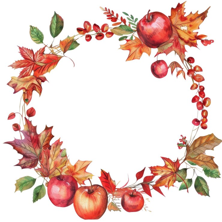 PSD mele rosse d'autunno e ghirlanda di foglie secche con bacche opera d'arte ad acquerello aig56