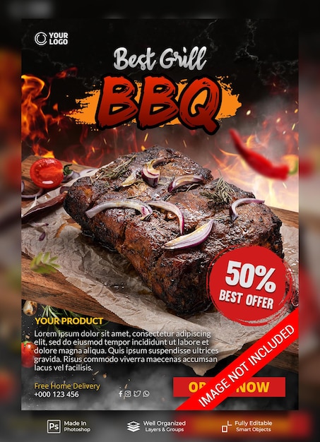 PSD melhor modelo de banner de cartaz de promoção de restaurante de menu de churrasco de grelhados