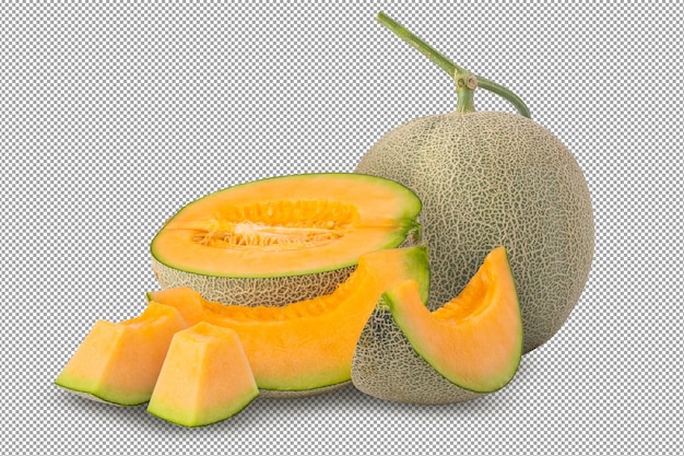 PSD melon cantaloup et tranche de melon isolé sur fond transparent