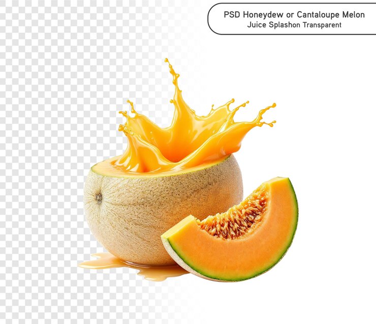 PSD melón fresco maduro o melón cantaloupe con rebanadas y salpicaduras de jugo tasty juice splashing png