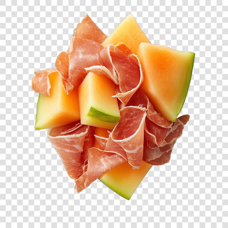PSD melone und prosciutto süße und salzige kombination schmackhaftes gesundes lebensmittelkonzept isoliert auf einem transparenten hintergrund