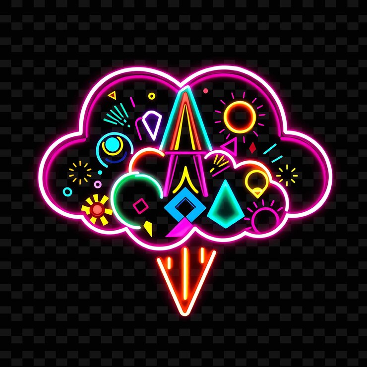 PSD memphis milano neonový oblak zdobený postmoderními vzory geometrické tvary a_isolated_neon_objectn
