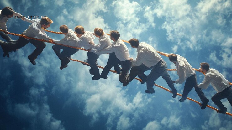 PSD men in white shirts pulling a rope climbing upwards toward a bright sky