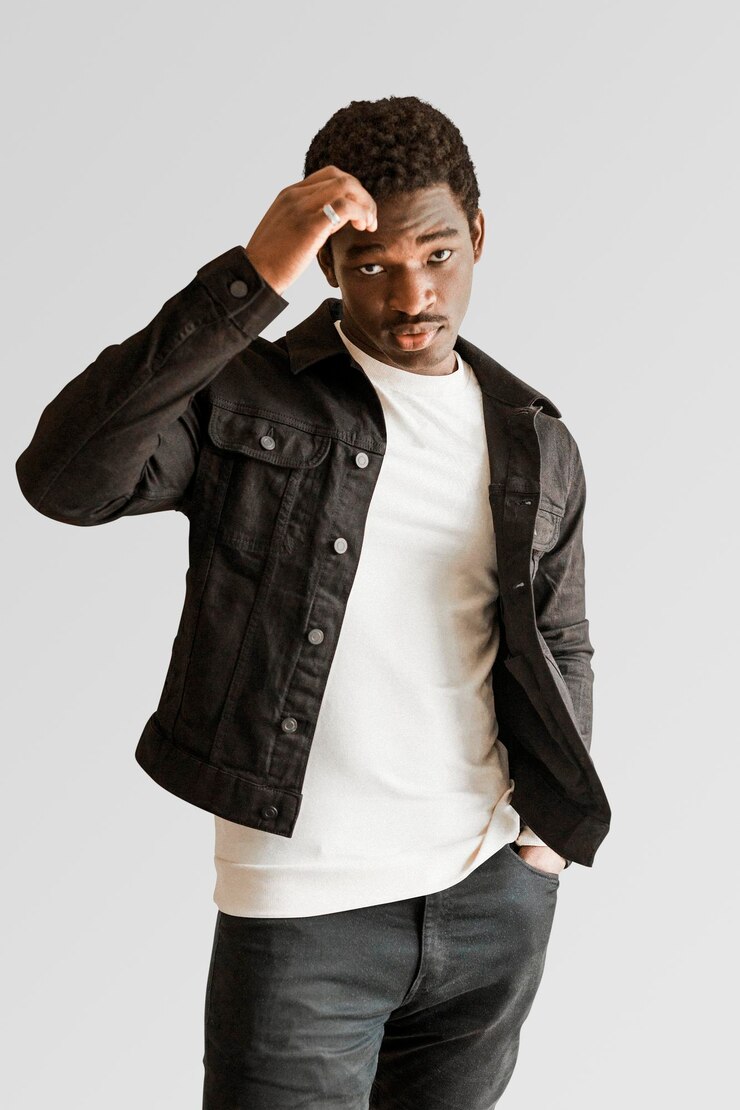 PSD men39s black jeans jacket mockup and white tshirt psd