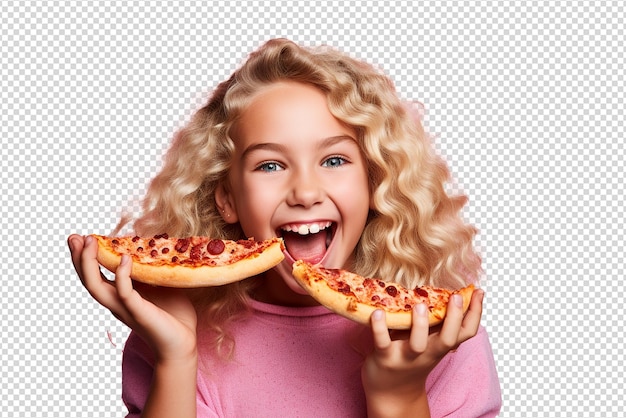 Menina alegre com pizza na mão isolada em um fundo transparente