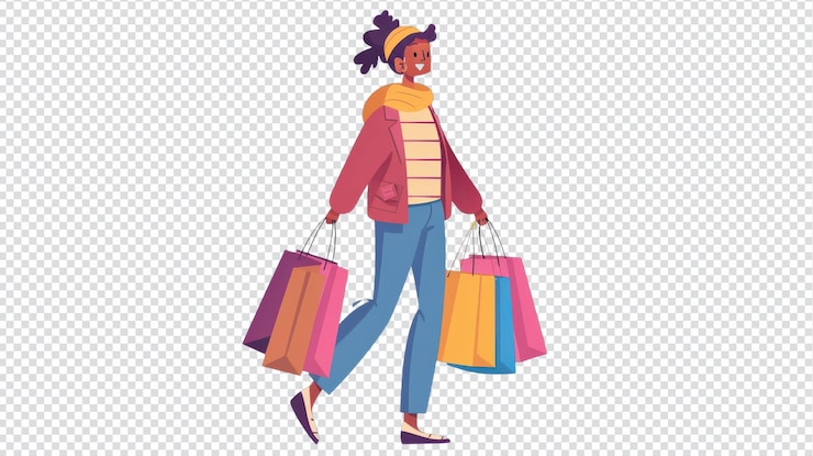 PSD menina alegre segurando saco de compras isolado em fundo branco para promoção de moda e varejo