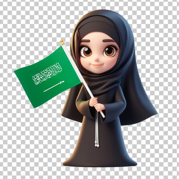 Menina árabe segurando a bandeira da Arábia Saudita em 3D isolada em fundo transparente