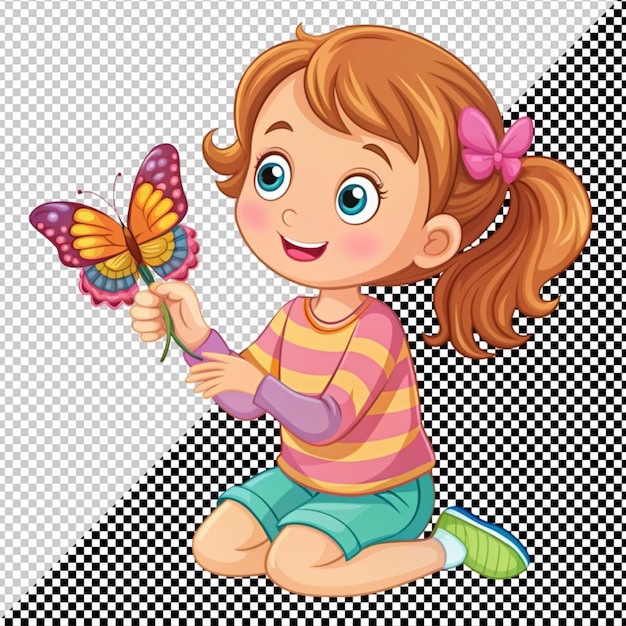 PSD menina bonita brincando com vetor borboleta em fundo transparente