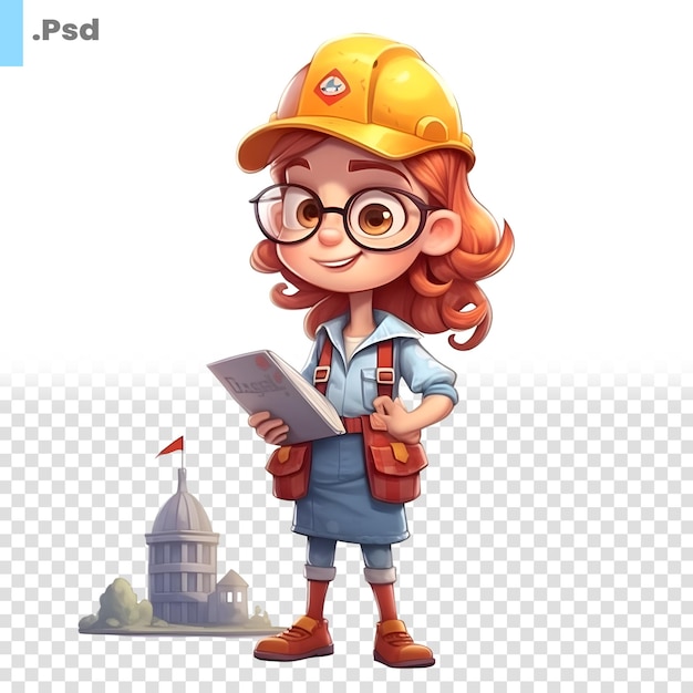 PSD menina bonita em um capacete de construção e macacão azul com uma pasta em suas mãos modelo de ilustração vetorial psd