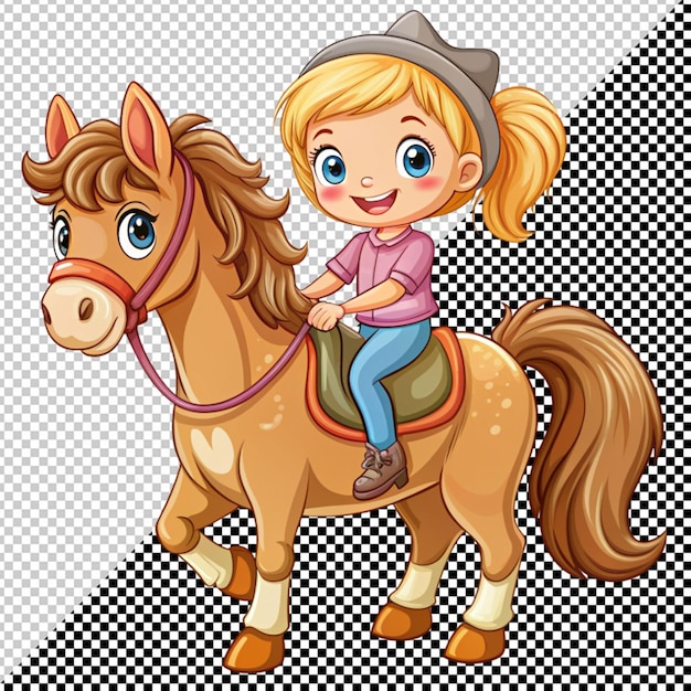 PSD menina bonita montando um cavalo vetor em fundo transparente