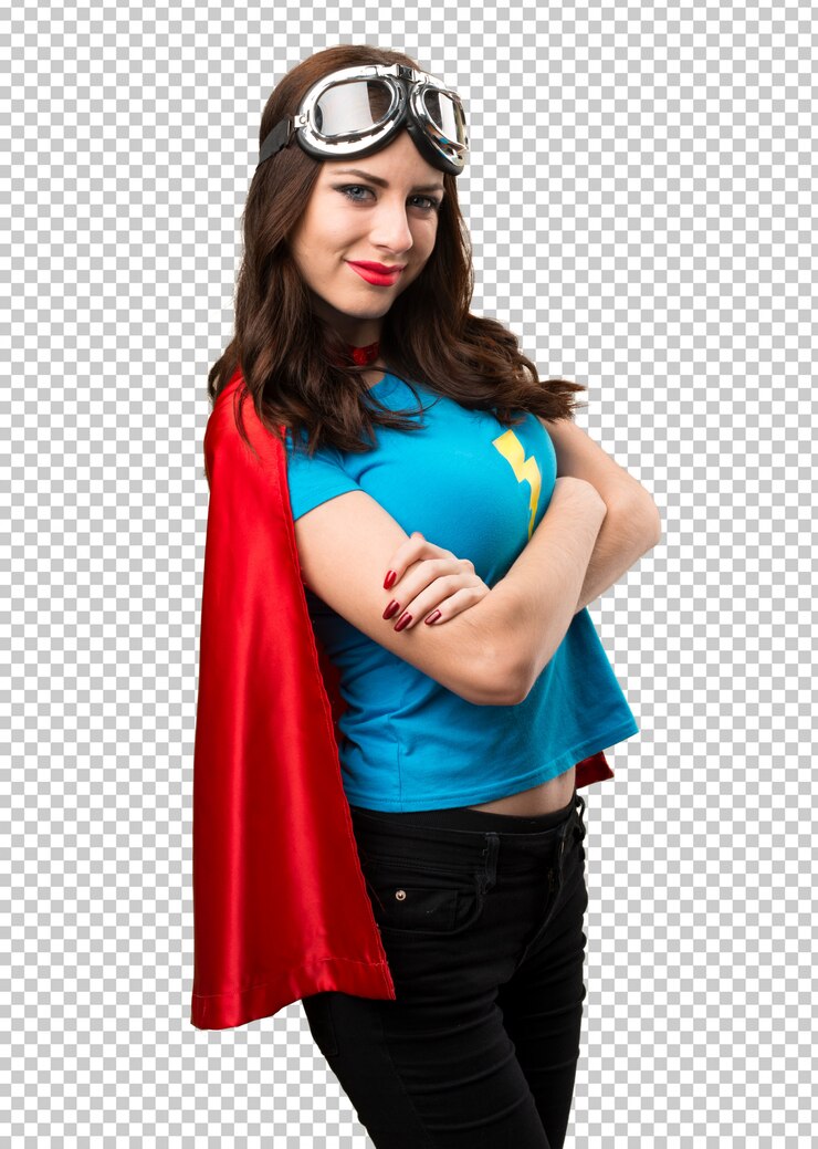 PSD menina bonita super-herói com os braços cruzados
