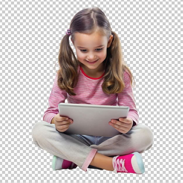 PSD menina brincando com um tablet isolado em fundo transparente