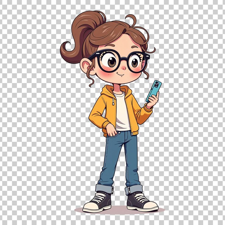 PSD menina com óculos segurando um smartphone em fundo transparente