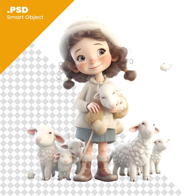 Menina com ovelhas em um fundo branco. renderização 3d. modelo psd