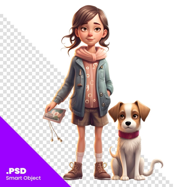 Menina com seu cachorro passeando isolado sobre fundo branco modelo psd