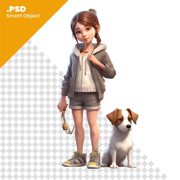 Menina com um cão em um fundo branco 3d renderização psd modelo
