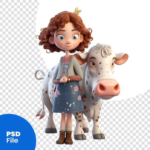 PSD menina com uma vaca isolada no fundo branco modelo 3d psd