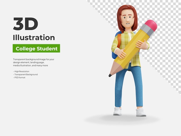 menina da faculdade segurando lápis ilustração dos desenhos animados 3d