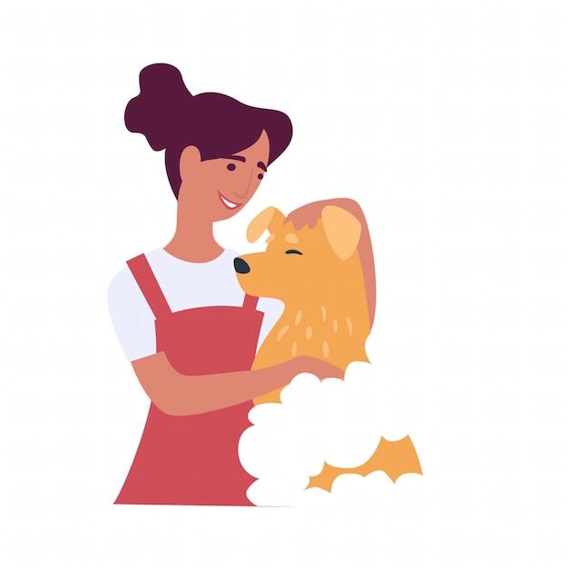 Menina dando banho ao seu cachorro