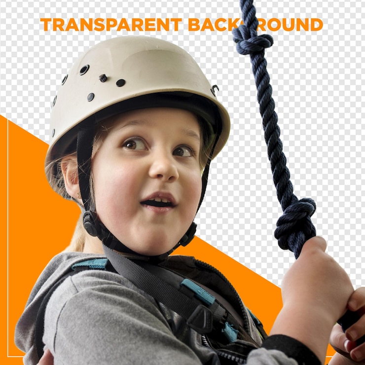 PSD menina de capacete em tirolina com fundo transparente