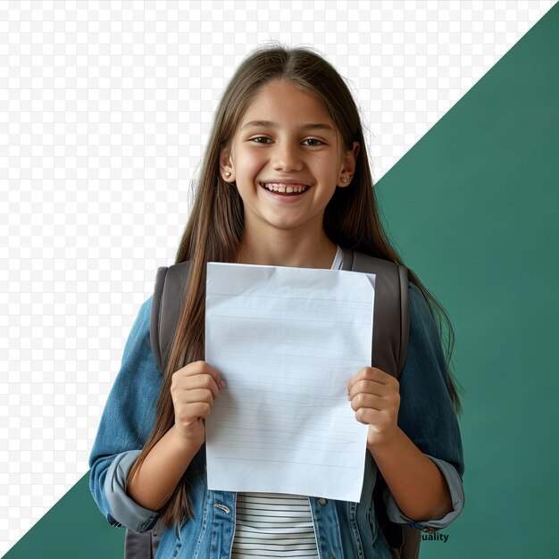 PSD menina de escola sorridente com mochila mostrando um excelente teste de nota depois de várias falhas em fundo isolado verde