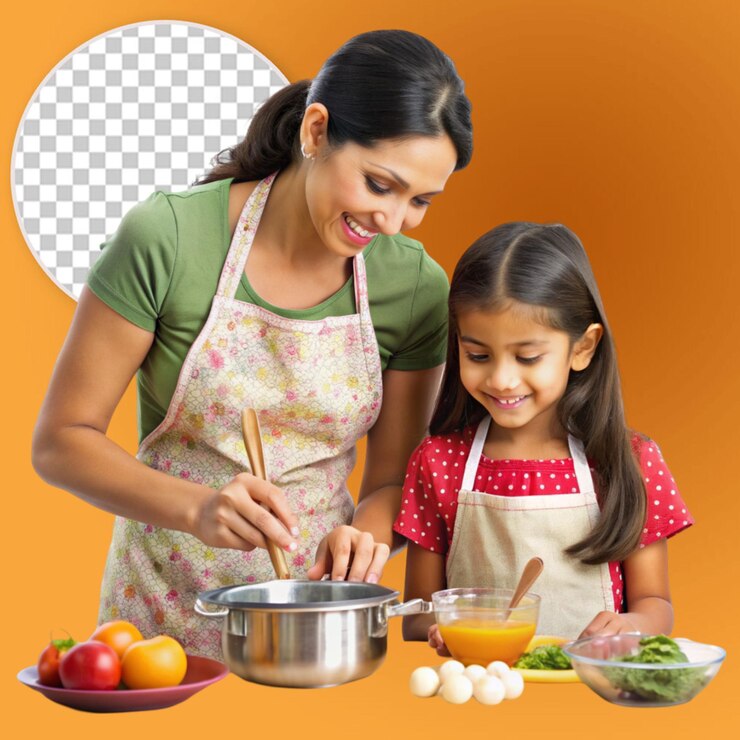 PSD menina de segunda classe a cozinhar com a mãe.