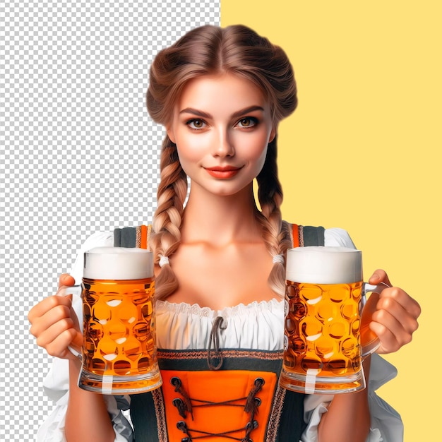 PSD menina de vestido tradicional de festival segurando dois copos de cerveja em suas mãos