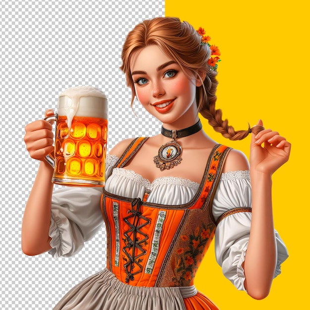 PSD menina de vestido tradicional de festival segurando uma caneca de cerveja em suas mãos