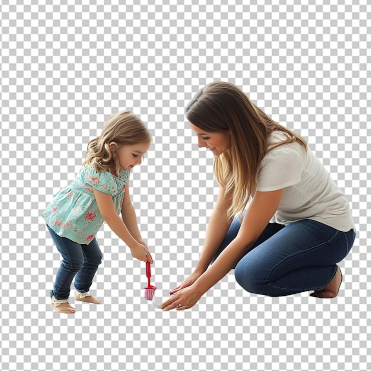 PSD menina e sua mãe limpando tapete em fundo transparente