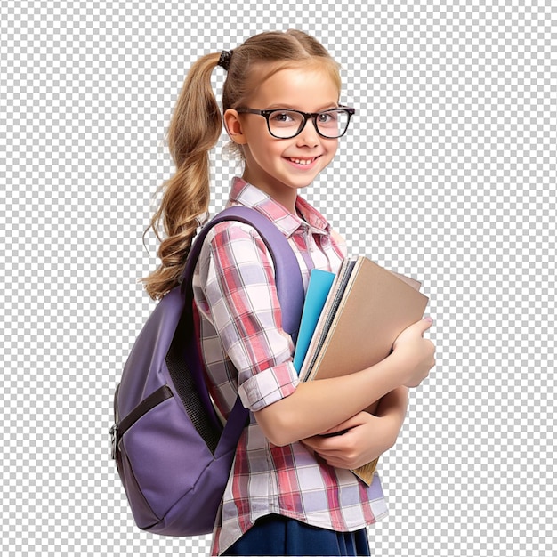 Menina estudante com saco e livros em fundo transparente