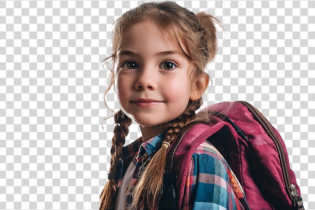 PSD menina estudante inteligente feliz com livro e bolsa em fundo isolado branco