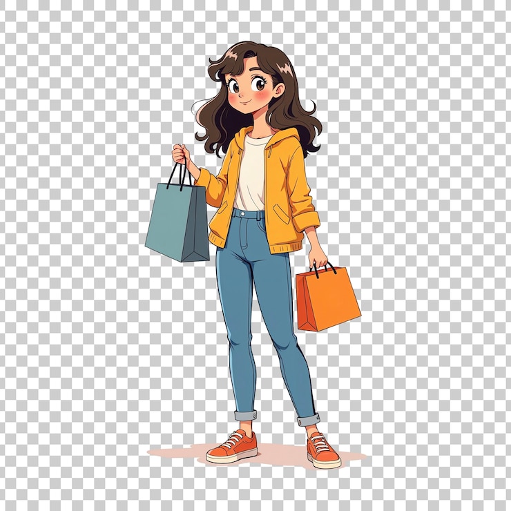 PSD menina feliz carregando sacos de compras em fundo transparente