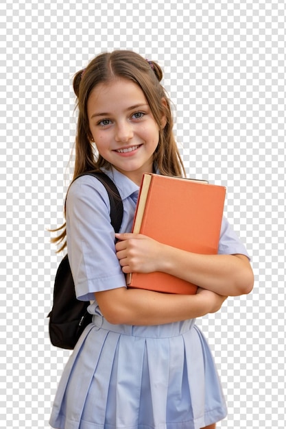 PSD menina feliz da escola infantil com livro isolado em fundo transparente