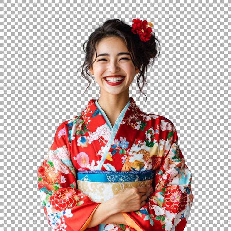 PSD menina japonesa vestindo vestido tradicional em fundo transparente