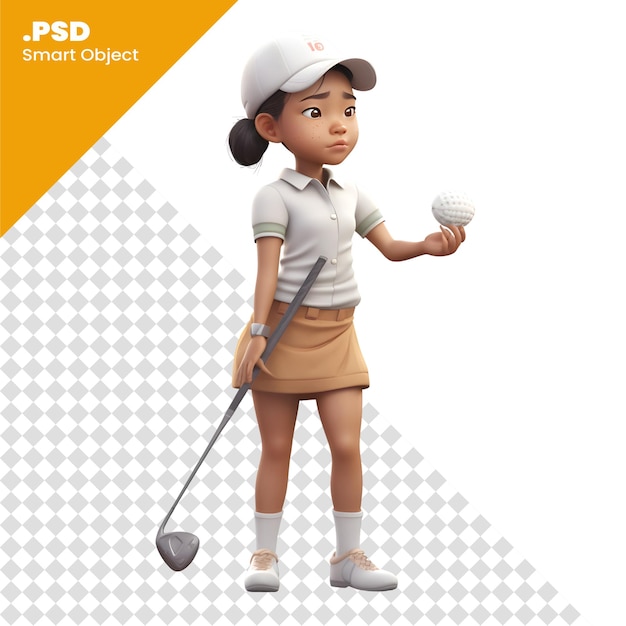 PSD menina jogadora de golfe com bola de golfe em um fundo branco modelo psd de renderização 3d
