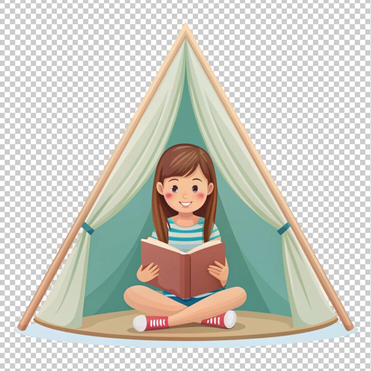 PSD menina lendo dentro de uma tenda gigante em forma de livro