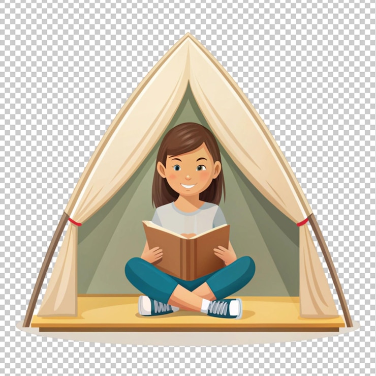 PSD menina lendo dentro de uma tenda gigante em forma de livro