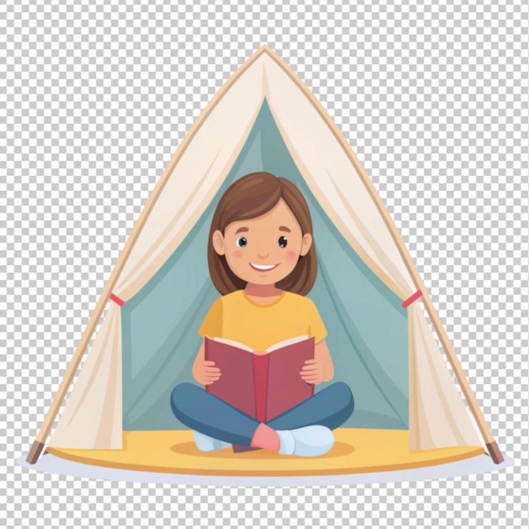 PSD menina lendo dentro de uma tenda gigante em forma de livro