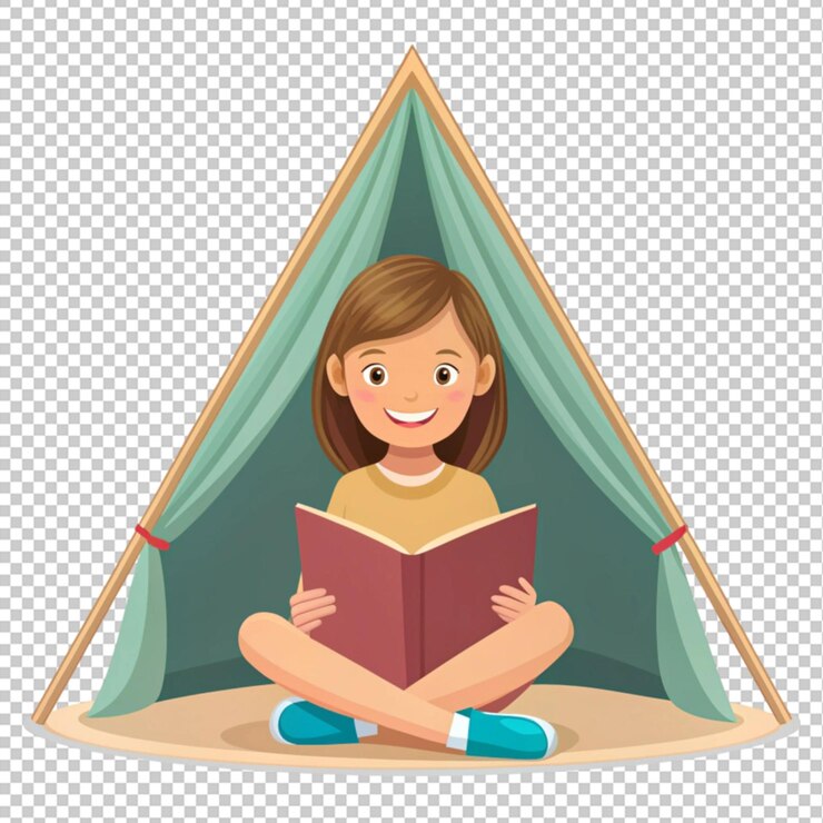 PSD menina lendo dentro de uma tenda gigante em forma de livro