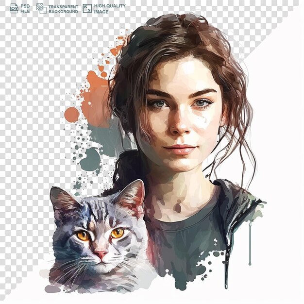 PSD menina linda com um gato bonito em fundo transparente