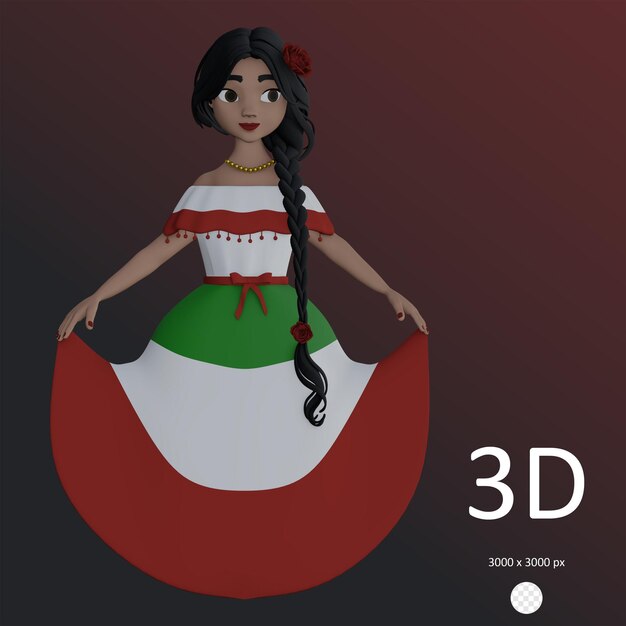 PSD menina mexicana psd em vestido tradicional ilustração 3d