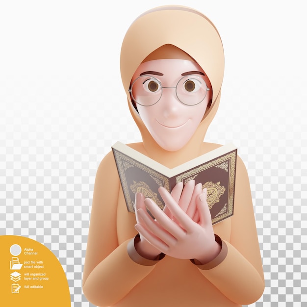 menina muslimah vestindo um hijab e lendo al quran, ilustração 3d