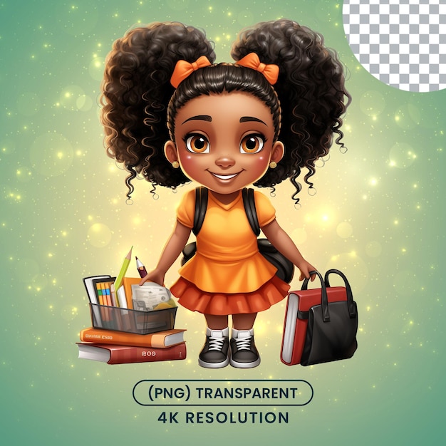 PSD menina negra da escola com clipart de cabelo encaracolado em um fundo transparente
