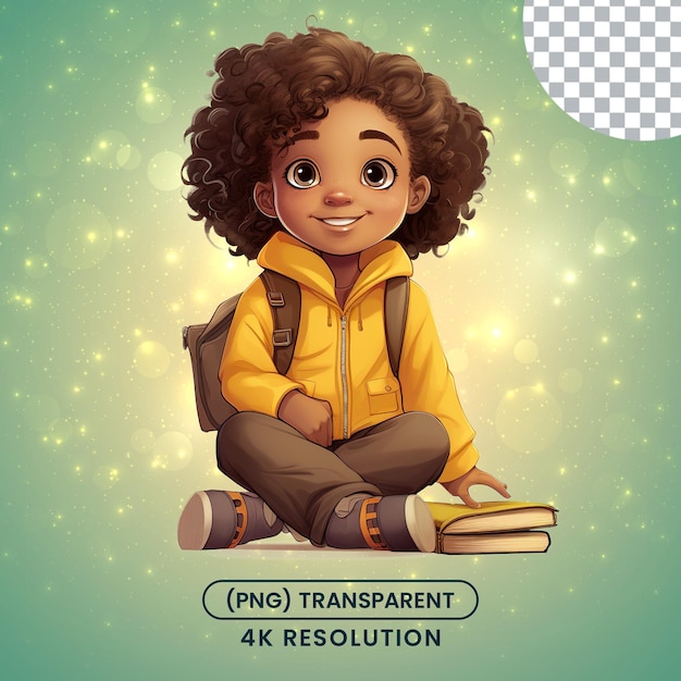 PSD menina negra da escola com clipart de cabelo encaracolado em um fundo transparente