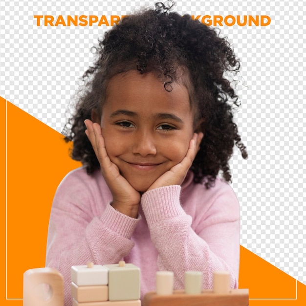 Menina negra sorridente com as mãos no rosto com fundo transparente